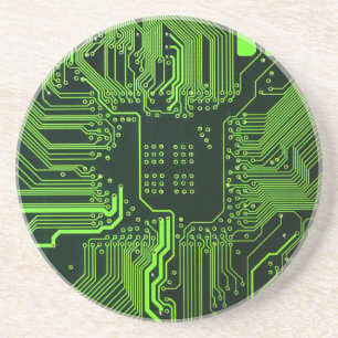 Cyber Green PCB Circuit Board Trace Pattern Art Coaster