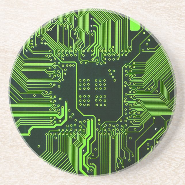 Cyber Green PCB Circuit Board Trace Pattern Art Coaster (Front)