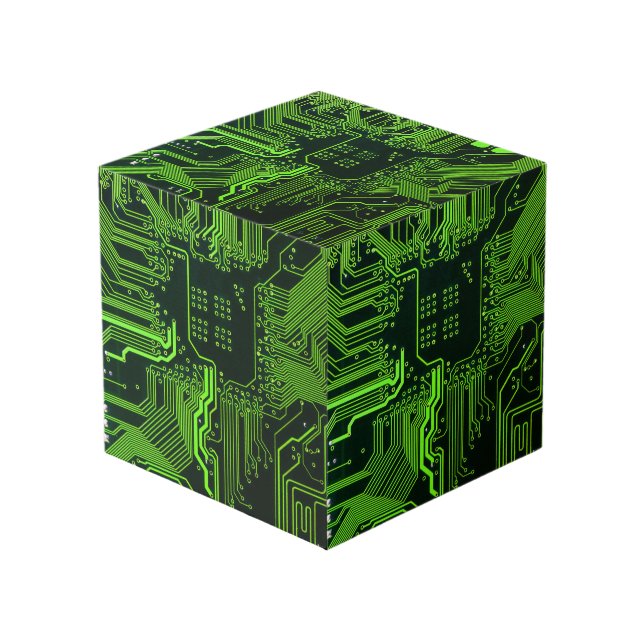 Cyber Green PCB Circuit Board Trace Pattern Art Cube (Front Angled)