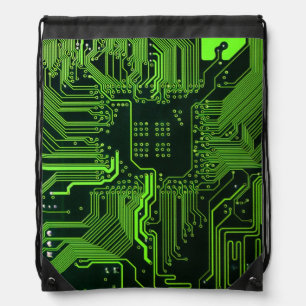 Cyber Green PCB Circuit Board Trace Pattern Art Drawstring Bag