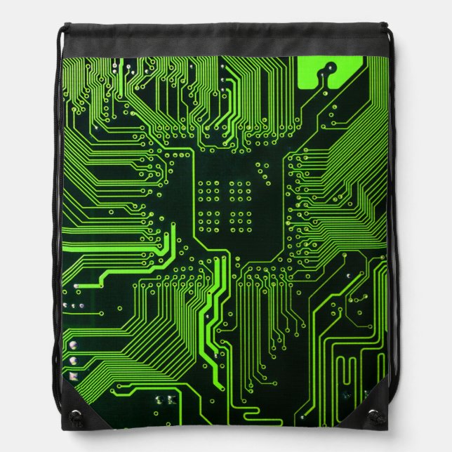 Cyber Green PCB Circuit Board Trace Pattern Art Drawstring Bag (Front)