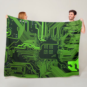 Cyber Green PCB Circuit Board Trace Pattern Art Fleece Blanket