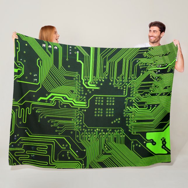 Cyber Green PCB Circuit Board Trace Pattern Art Fleece Blanket (In Situ)