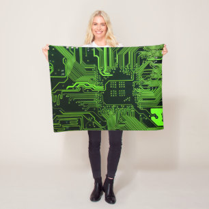 Cyber Green PCB Circuit Board Trace Pattern Art Fleece Blanket