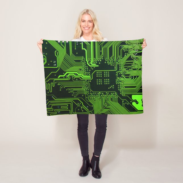 Cyber Green PCB Circuit Board Trace Pattern Art Fleece Blanket (In Situ)