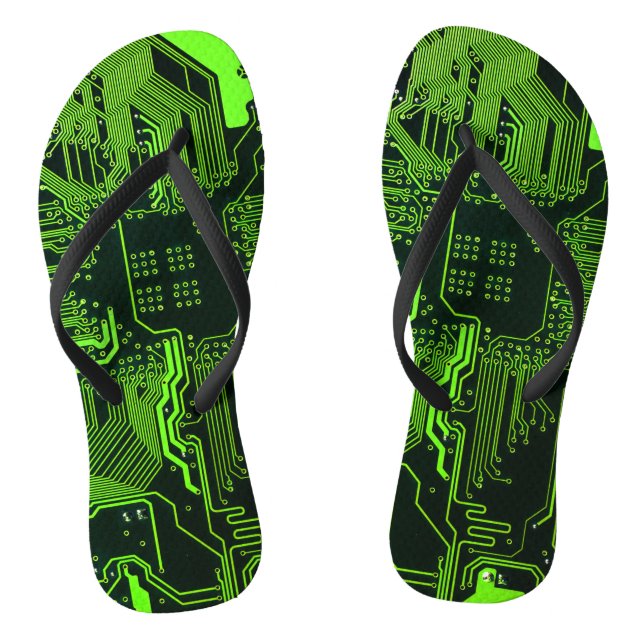 Cyber Green PCB Circuit Board Trace Pattern Art Flip Flops (Footbed)
