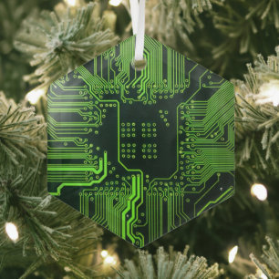 Cyber Green PCB Circuit Board Trace Pattern Art Glass Ornament