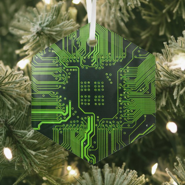 Cyber Green PCB Circuit Board Trace Pattern Art Glass Ornament (Insitu)