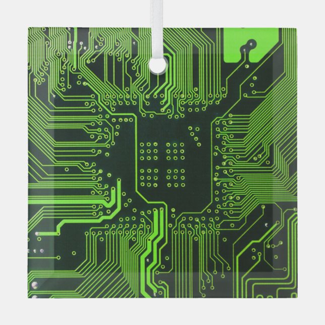 Cyber Green PCB Circuit Board Trace Pattern Art Glass Ornament (Front)