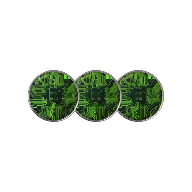 Cyber Green PCB Circuit Board Trace Pattern Art Golf Ball Marker (3 Up)