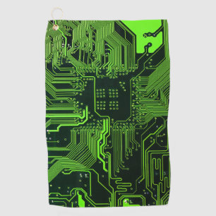 Cyber Green PCB Circuit Board Trace Pattern Art Golf Towel