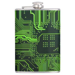 Cyber Green PCB Circuit Board Trace Pattern Art Hip Flask