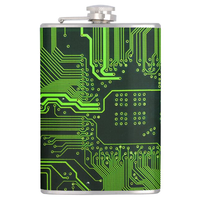 Cyber Green PCB Circuit Board Trace Pattern Art Hip Flask (Front)
