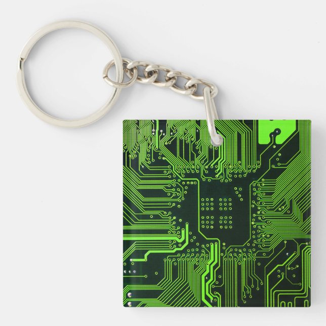 Cyber Green PCB Circuit Board Trace Pattern Art Keychain (Front)