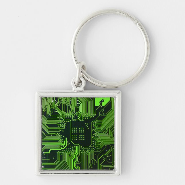 Cyber Green PCB Circuit Board Trace Pattern Art Keychain (Front)