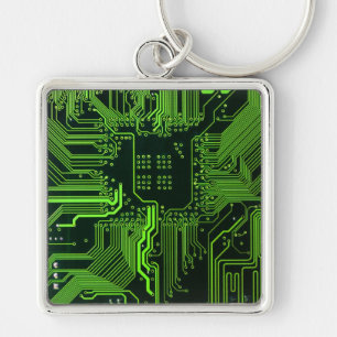 Cyber Green PCB Circuit Board Trace Pattern Art Keychain