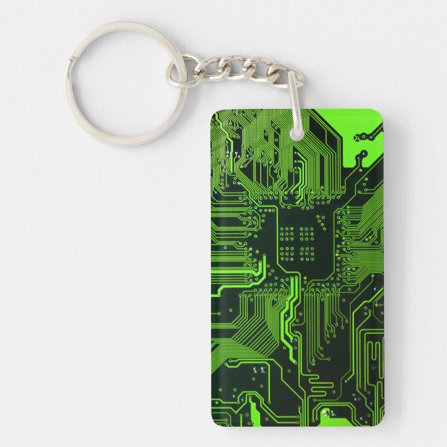 Cyber Green PCB Circuit Board Trace Pattern Art Keychain (Front)