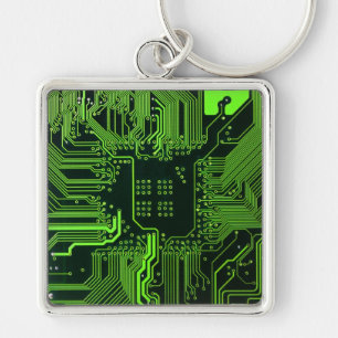 Cyber Green PCB Circuit Board Trace Pattern Art Keychain
