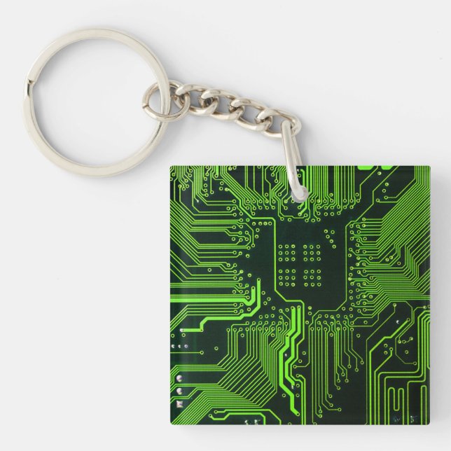 Cyber Green PCB Circuit Board Trace Pattern Art Keychain (Front)