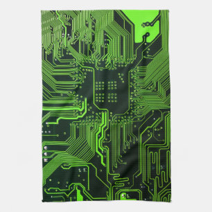 Cyber Green PCB Circuit Board Trace Pattern Art Kitchen Towel