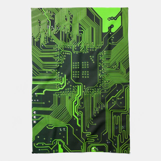 Cyber Green PCB Circuit Board Trace Pattern Art Kitchen Towel (Vertical)