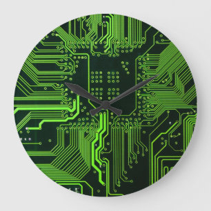 Cyber Green PCB Circuit Board Trace Pattern Art Large Clock