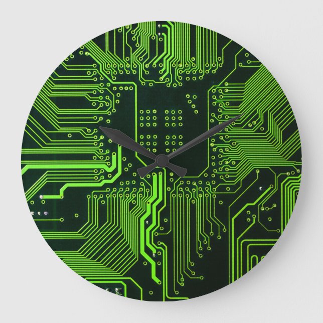 Cyber Green PCB Circuit Board Trace Pattern Art Large Clock (Front)