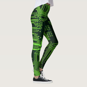 Cyber Green PCB Circuit Board Trace Pattern Art Leggings