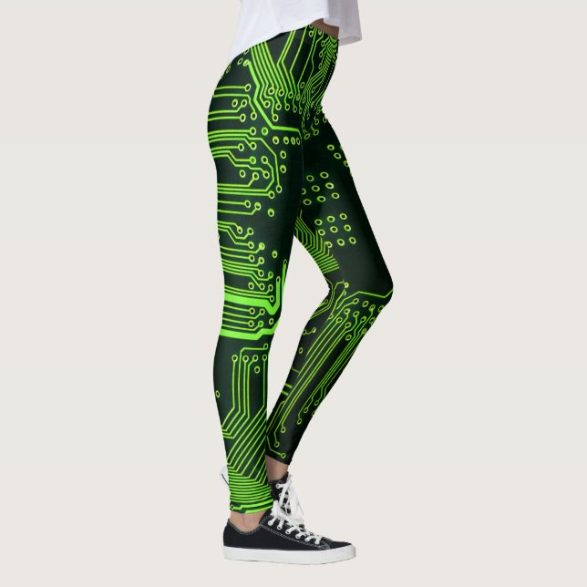 Cyber Green PCB Circuit Board Trace Pattern Art Leggings (Right)
