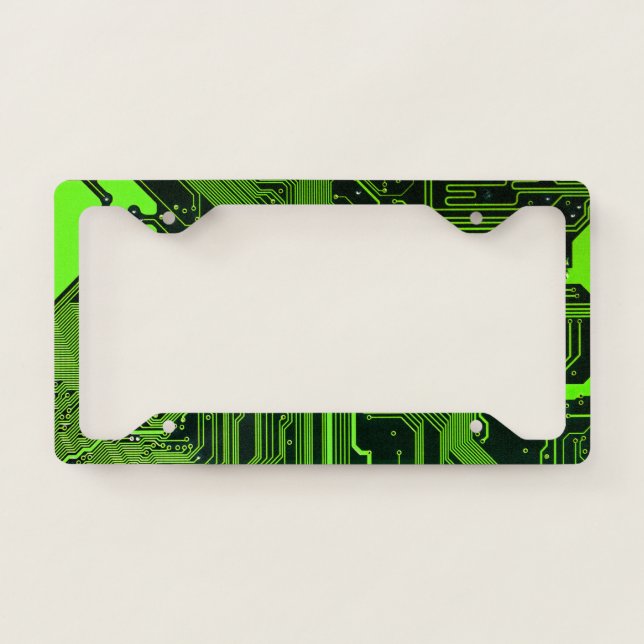 Cyber Green PCB Circuit Board Trace Pattern Art License Plate Frame (Front)