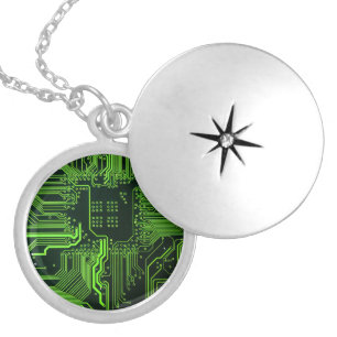 Cyber Green PCB Circuit Board Trace Pattern Art Locket Necklace