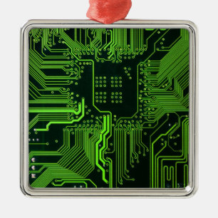 Cyber Green PCB Circuit Board Trace Pattern Art Metal Ornament