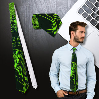 Cyber Green PCB Circuit Board Trace Pattern Art Neck Tie