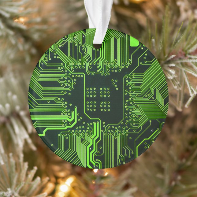 Cyber Green PCB Circuit Board Trace Pattern Art Ornament (Tree)
