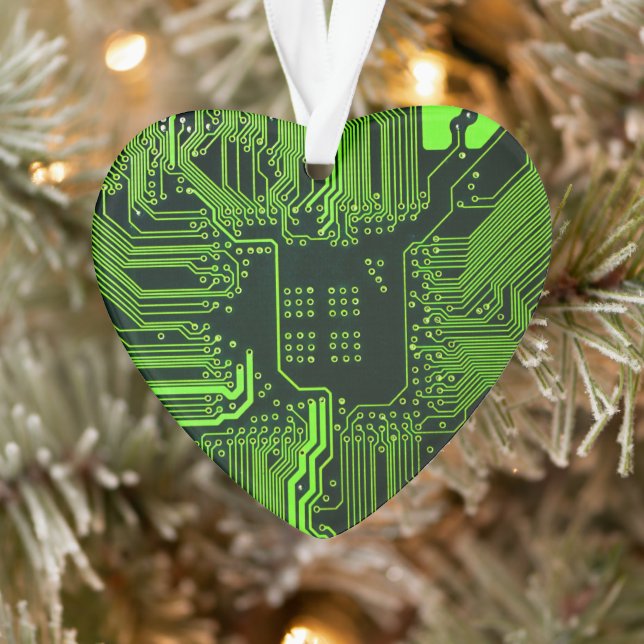 Cyber Green PCB Circuit Board Trace Pattern Art Ornament (Tree)