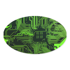 Cyber Green PCB Circuit Board Trace Pattern Art Oval Sticker