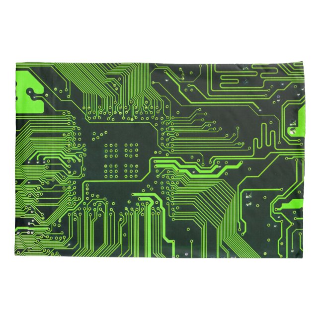Cyber Green PCB Circuit Board Trace Pattern Art Pillow Case (Back)