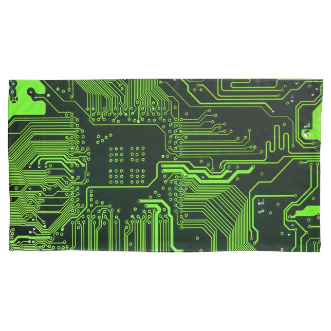 Cyber Green PCB Circuit Board Trace Pattern Art Pillow Case (Front-Left)