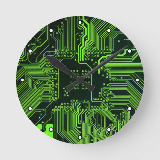 Cyber Green PCB Circuit Board Trace Pattern Art Round Clock