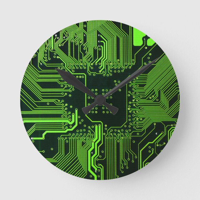 Cyber Green PCB Circuit Board Trace Pattern Art Round Clock (Front)