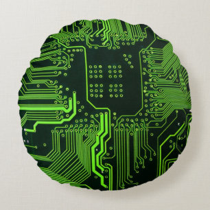 Cyber Green PCB Circuit Board Trace Pattern Art Round Pillow