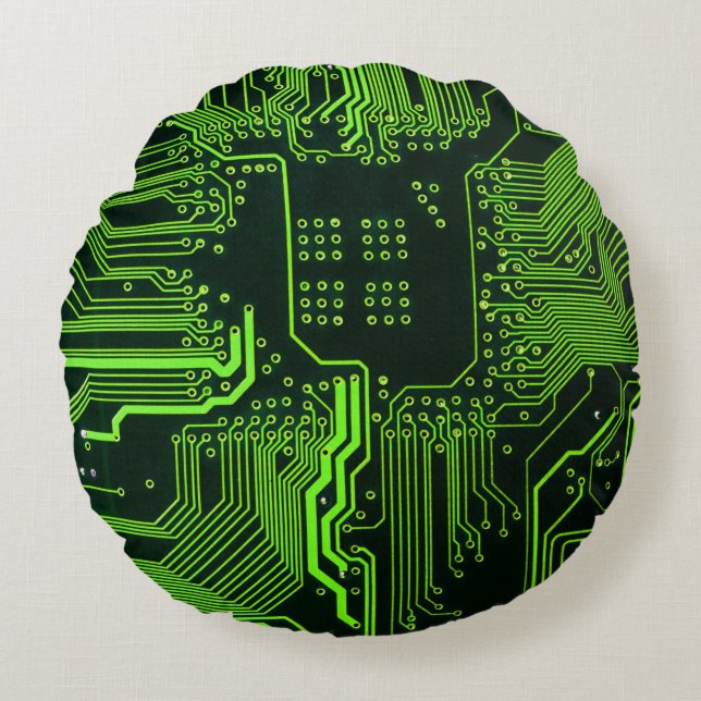 Cyber Green PCB Circuit Board Trace Pattern Art Round Pillow (Front)