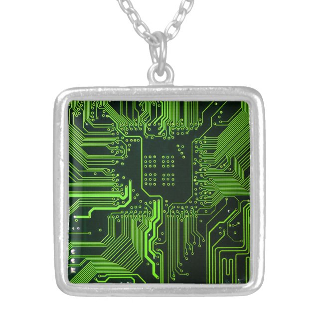 Cyber Green PCB Circuit Board Trace Pattern Art Silver Plated Necklace (Front)