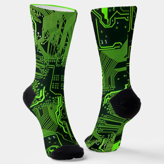 Cyber Green PCB Circuit Board Trace Pattern Art Socks (Angled)