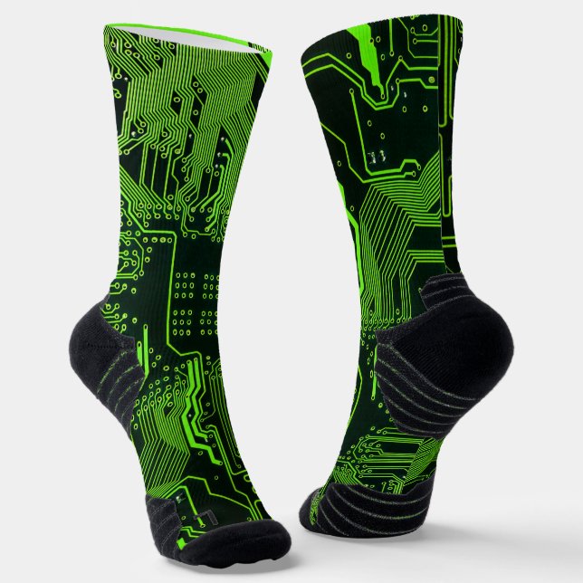 Cyber Green PCB Circuit Board Trace Pattern Art Socks (Angled)
