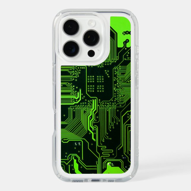 Cyber Green PCB Circuit Board Trace Pattern Art Speck iPhone Case (Front)