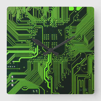 Cyber Green PCB Circuit Board Trace Pattern Art Square Wall Clock