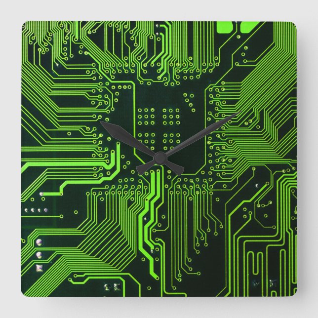 Cyber Green PCB Circuit Board Trace Pattern Art Square Wall Clock (Front)