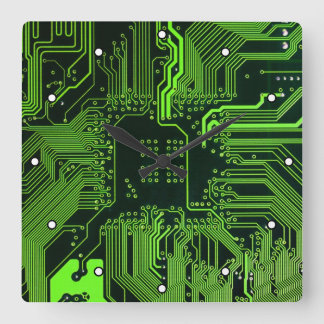 Cyber Green PCB Circuit Board Trace Pattern Art Square Wall Clock