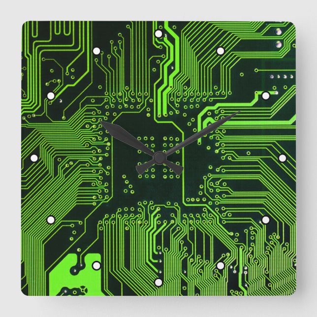 Cyber Green PCB Circuit Board Trace Pattern Art Square Wall Clock (Front)